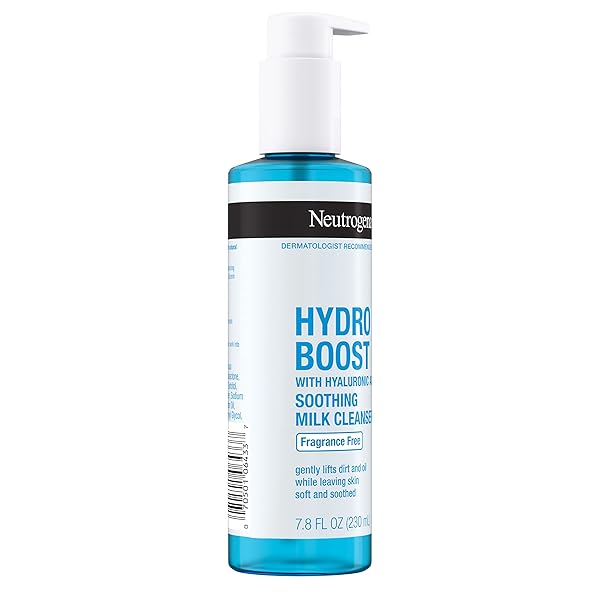 NEUTROGENA HYDRO BOOST SOOTHING MILK FACIAL CLEANSER WITH HYALURONIC ACID, HYDRATING FACE WASH GENTLY LIFTS DIRT & OIL LEAVING SOFT SOOTHED SKIN, HYPOALLERGENIC, FRAGRANCE-FREE, 7.8 FL. OZ
