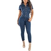ECDAHICC Women’s Sexy Short Sleeve Night Club Denim Jumpsuits Rompers Mini Shorts One Piece Stretchy Rompers with Pocket