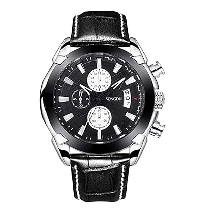 SONGDU D-9213M Chronograph 4.5 cm Round Black Dial Mens Wrist Watch | Genuine Leather Strap