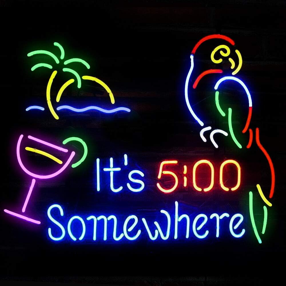 Neon Signs Neon Light Sign Home Beer Bar Neon Sign Lights, 17" x 13" Neon Lights Neon Room Lights Window Glass Wall Signs. (It's 5:00 Somewhere Parrot)