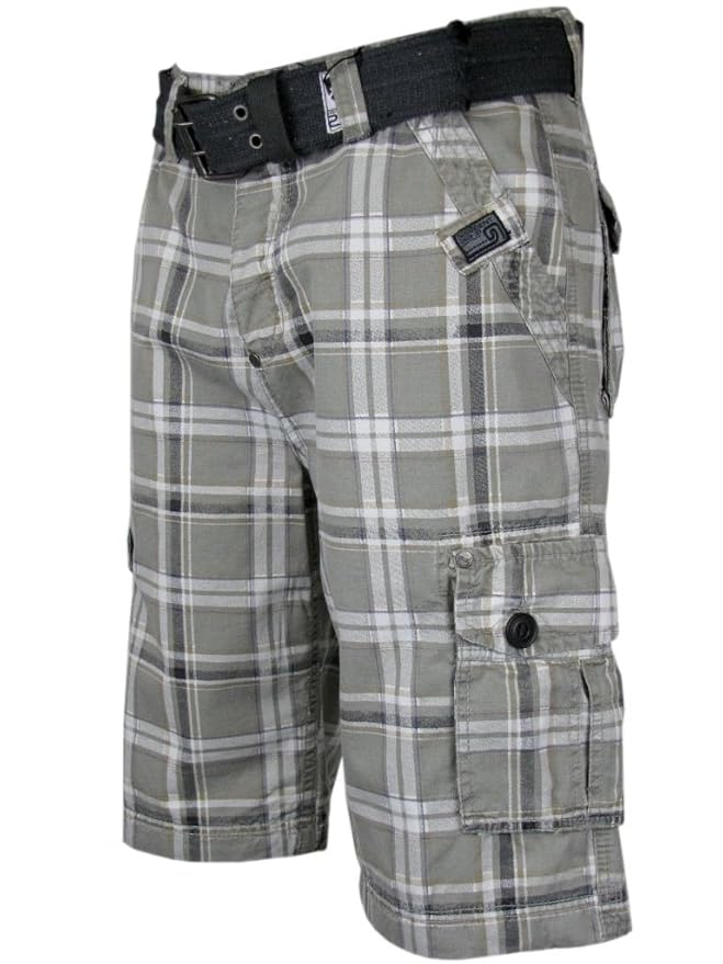 Mens Cargo Shorts Grey Check Print With Free Belt Amazon.co.uk Clothing