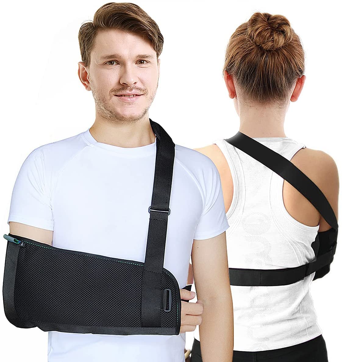 HKJD Arm Sling Shoulder with Back Belt, Men & Women Shoulder Immobilizer Stabilizer for Elbow, Lightweight Arm Support Brace Strap for Broken Fractured(Black,Small)