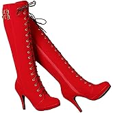 getmorebeauty Womens Knee High Boots Suede Buckle Rock Lace Up Zipped Thigh High Heel Boots