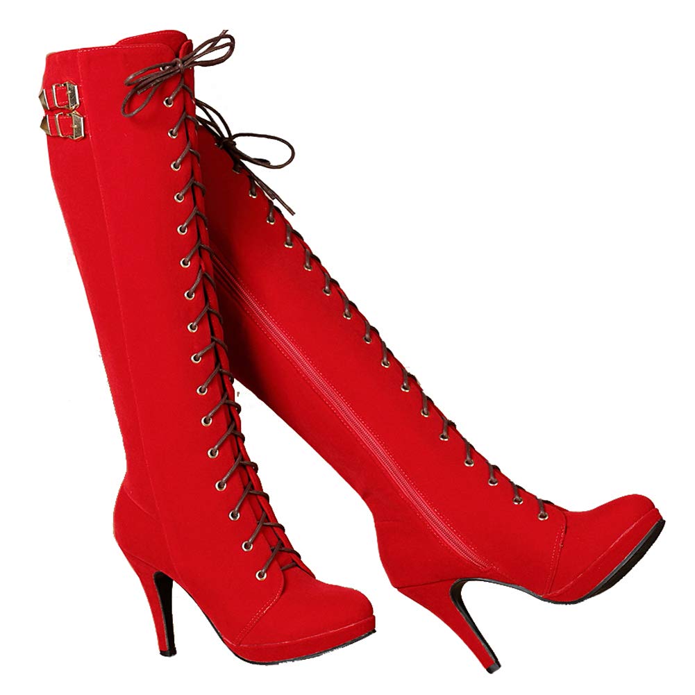 Photo 1 of getmorebeauty Womens Red Suede Buckle Rock Lace Up Zipped Knee High Boots High Heel Boots (US 6, Red)