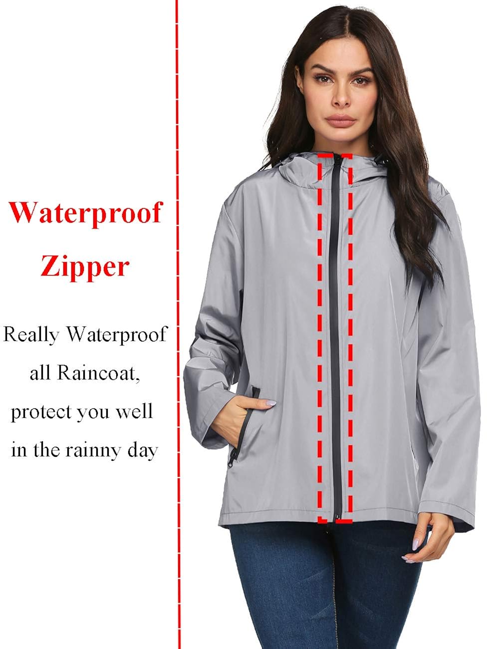 Gray,L Active Raincoat,Women Light Watertight Solid Rain Jacket Pouch