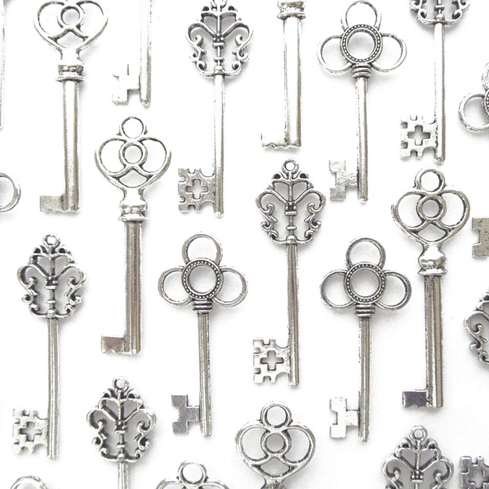 Makhry Mixed Pack of 30 Vintage Retro Rustic Skeleton Keys in Antique Silver Color,3 Style,30 pcs Rustic Wedding Favor(Antique Silver)