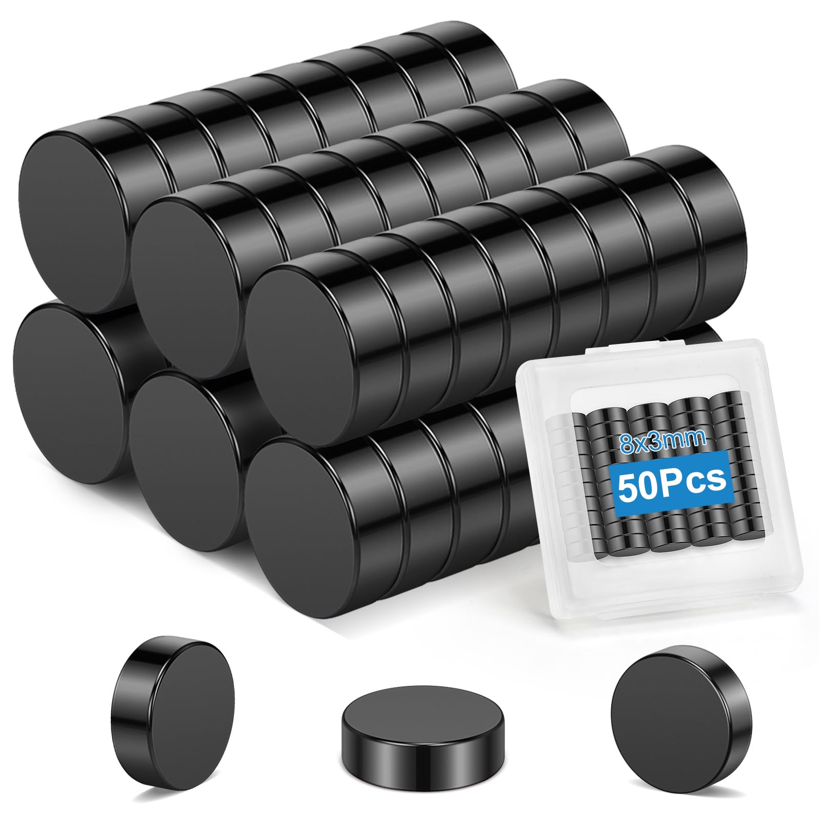 Wzone 50PCS Black Small Magnets, 8mm x 3mm Round Strong Fridge Magnets Mini Neodymium Magnets for Fridge DIY Picture Office School Home Kitchen Whiteboard