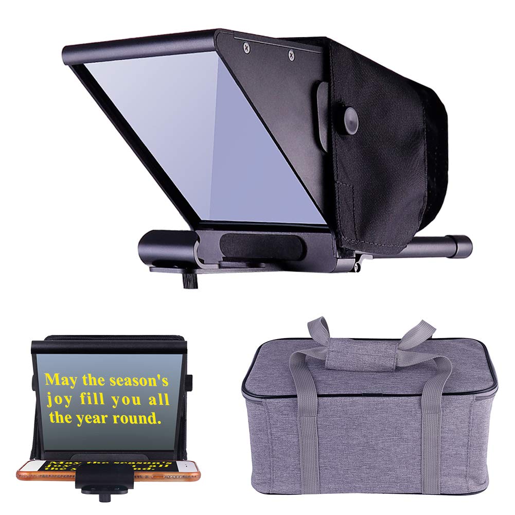 RUNGAO Mini Teleprompter, Adjustable Smartphone Teleprompter Beam Splitter for home Interview Shooting, DSLR Video Teleprompter w/ Carry Case