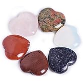 JIC Gem Pack of 6 Natural Crystal Heart Stones Polished Heart Tumbled Gemstones Love Carved Palm Worry Stone for Healing Reiki Jewelry Making Decoration 1 1/8"