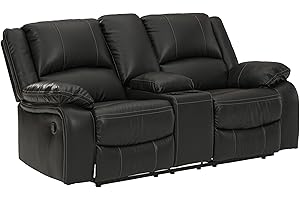 Signature Design by Ashley Calderwell Faux Leather Manual Double Reclining Loveseat with Storage Console, Black