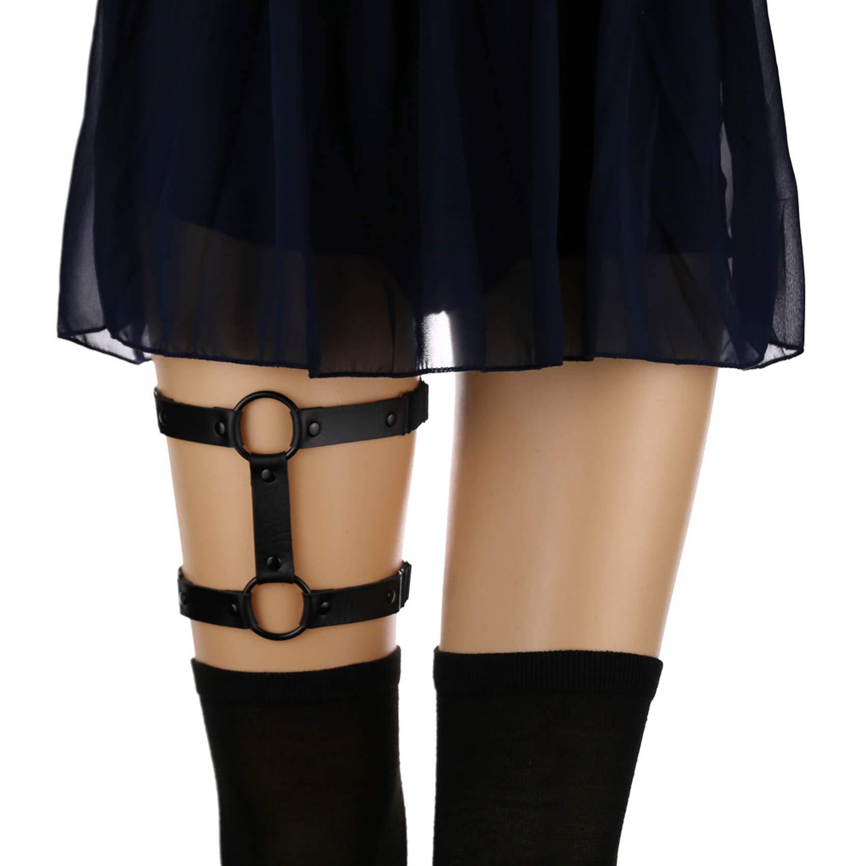 2pcs Adjustable Faux Leather Leg Garter Belt, 2 Rows Elastic Punk Thigh Garter for Women Parties