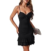 Rooscier Women's Twist Front V Neck Layered Ruffle Hem Ribbed Knit Bodycon Mini Dress