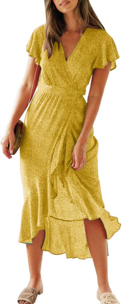 Imysty Womens Boho Floral Printed V Neck Wrap Dresses Short Sleeve Beach Maxi Long Dress with Belt