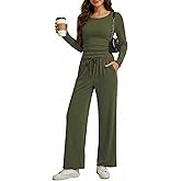 UpSpark Women’s 2 Piece Lounge Set – Long Sleeve Ruched Top & Wide Leg Pants, Casual Matching Outfit for Travel & Spring Fall