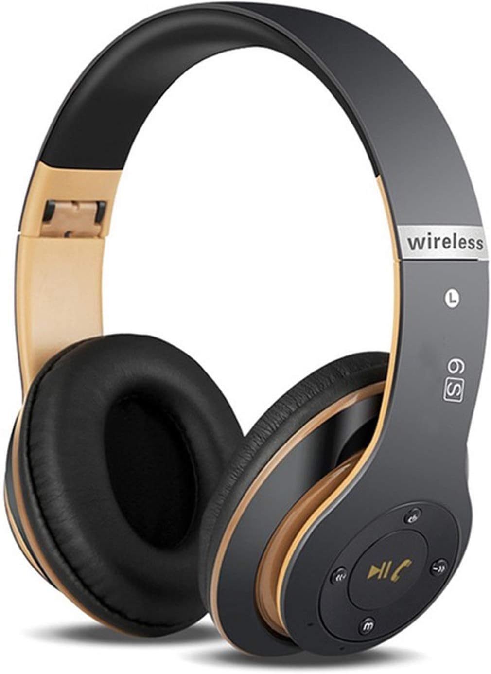 6S Wireless Headphones Over Ear,Hi-Fi Stereo Foldable Wireless Stereo Headsets Earbuds with Built-in Mic, Noise canceling, Micro SD/TF, FM for iPhone/Samsung/iPad/PC (Black & Gold)