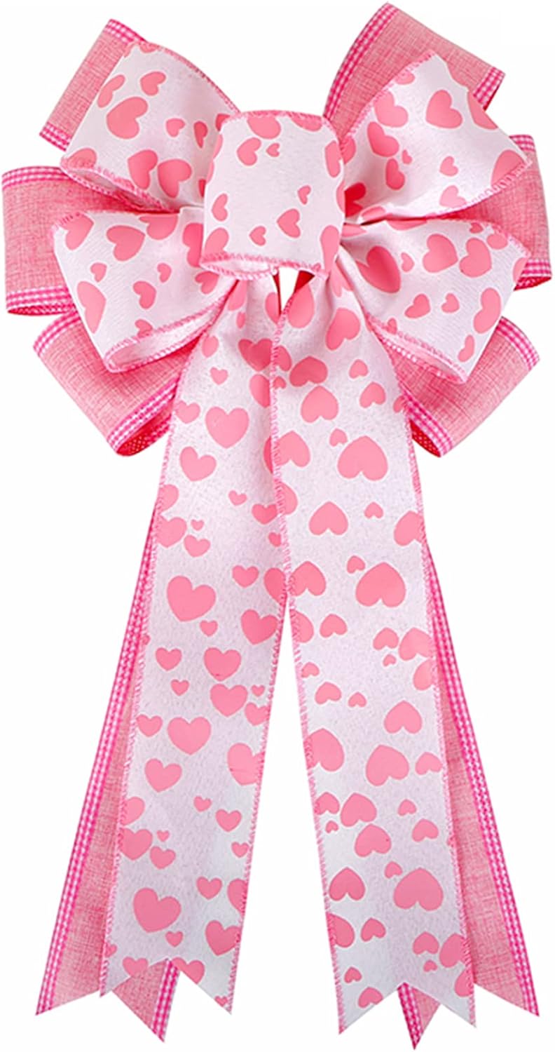 Bows & Ribbons - Valentine's Day Bows, Large Pink Heart Printed Valentine's Day Wreath Bow Gift Bow Tree Topper for Valentine's Day Wedding Mother's Day Front Door Wreath Home Indoor Outdoor Decorations