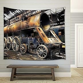 Some Trains at Abandoned Train Depot - Fabric Wall Tapestry Home Decor - 51x60 inches