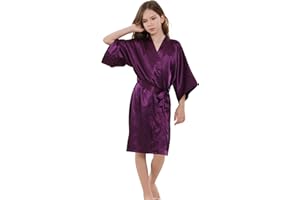 ALHAVONE Girl's Kid's Silky Satin Solid Color Short Kimono Robe for Wedding Birthday Party Spa