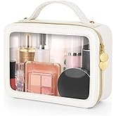 Soimeat Clear Makeup Bag, Portable Travel Cosmetic Bags, Multipurpose Leather Toiletry Bag with Zipper, Waterproof Transparent Cosmetic Organizer for Women, Medium, Beige