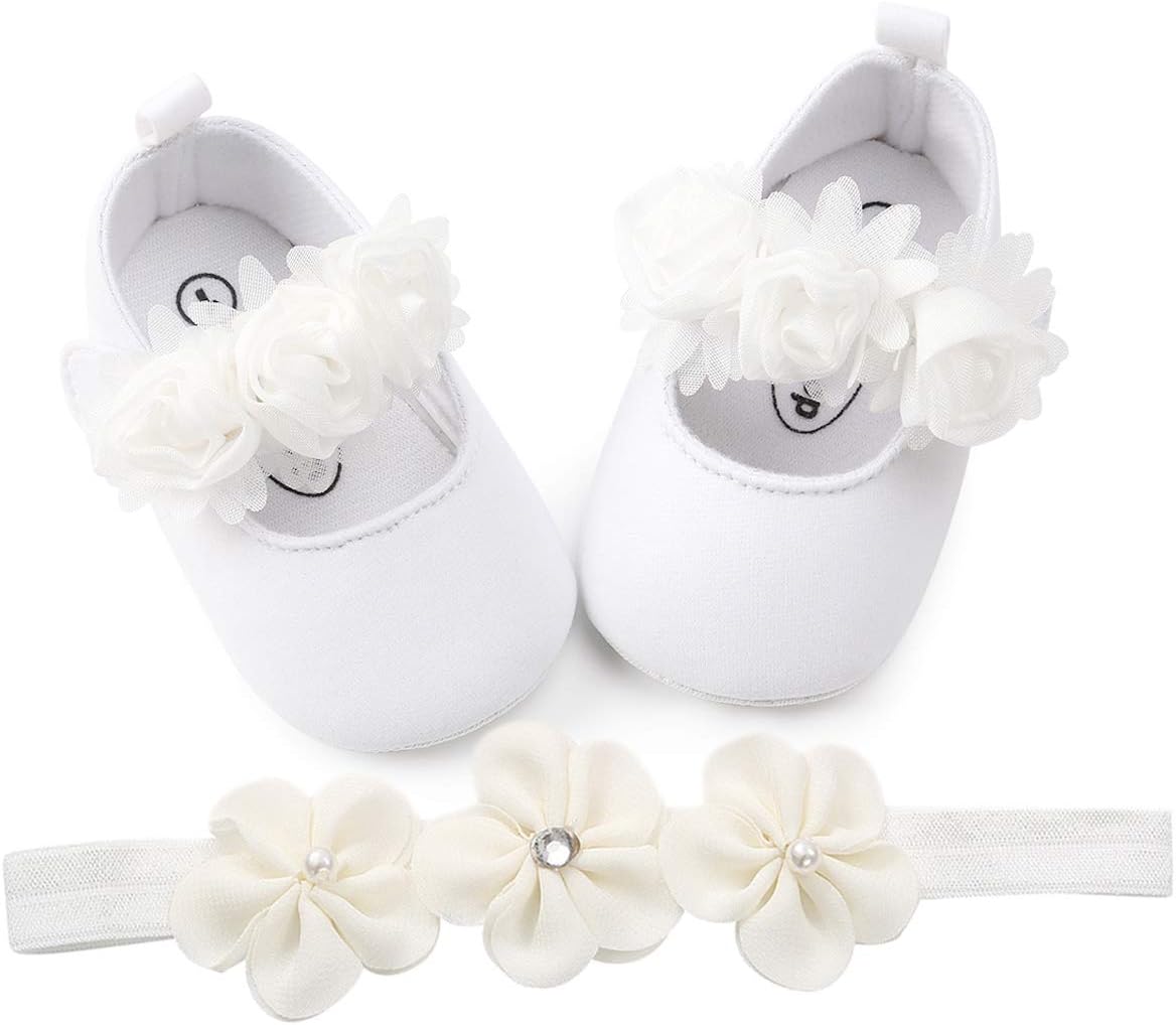 Baby Girls Soft Sole Floral Princess Mary Jane Shoes Prewalker Wedding Dress Shoes with Headband First Birthday