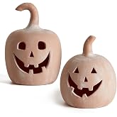 DN DECONATION Halloween Fall Pumpkin Decor, Jack O Lantern Tealight Holders | Terracotta Pumpkin Tea Light Candle Holders, Carved Face, For Fall Halloween Decorations, Farmhouse Table Mantle Decor, 2PCS
