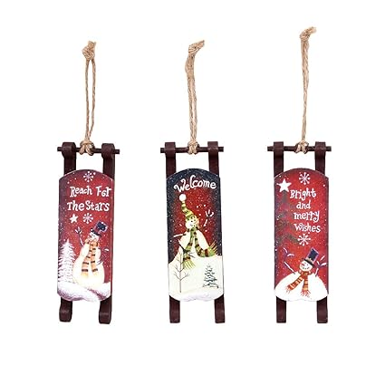 E View 3 Set Wood Sled Christmas Ornaments With Hand Painted