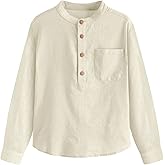 Inorin Boys Linen Shirt Button Up Henley Long Sleeve Dress Shirts Cotton Lightweight Tees Tops with One Pocket