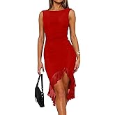 BORIFLORS Women's Sexy Ruched Bodycon Midi Dresses Elegant Sleeveless Backless Ruffle Hem Cocktail Party Tank Dress