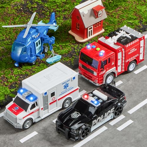 JOYIN Set of 4 Friction-Powered Urban Heroes Including Fire Truck, Ambulance, Police Car and Helicopter, Emergency Vehicles with Light and Sound