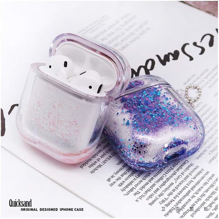 UnnFiko Bling Quicksand Case Compatible with AirPods 1/2, Cute Sparkle Liquid Protective Case, Funny Creative Hard Clear Airpods 1 & 2 Cover with Keychain (Purple Glitter) - Image 5