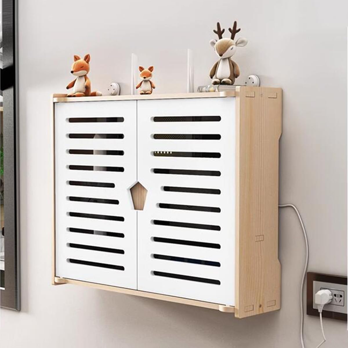 PUIOTEAI Wifi Router Storage Box, Router Shelf, Cable Hiders for Wall, Cable Wire Wall Plug Board Shelf -Double Door, completely hide your wires sockets cable and wifi box