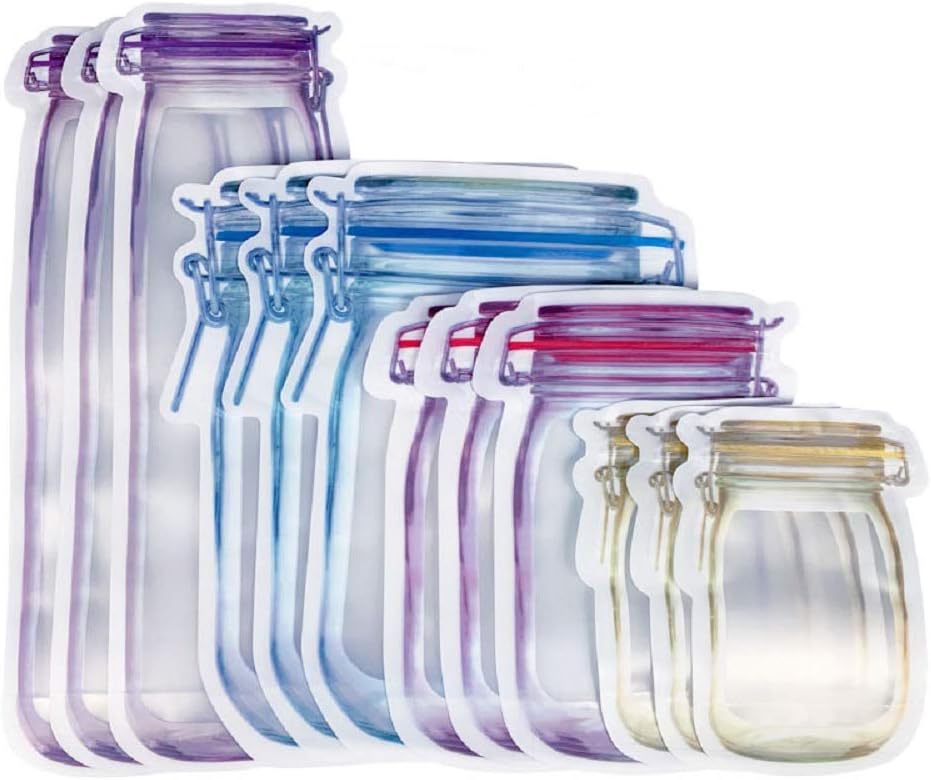 FSYEEL 12 Pieces Reusable Mason Jar Bottles Bags Nuts Candy Cookies Bag Waterproof Seal Fresh Food Storage Bag Snacks Sandwich Zip Lock Bags