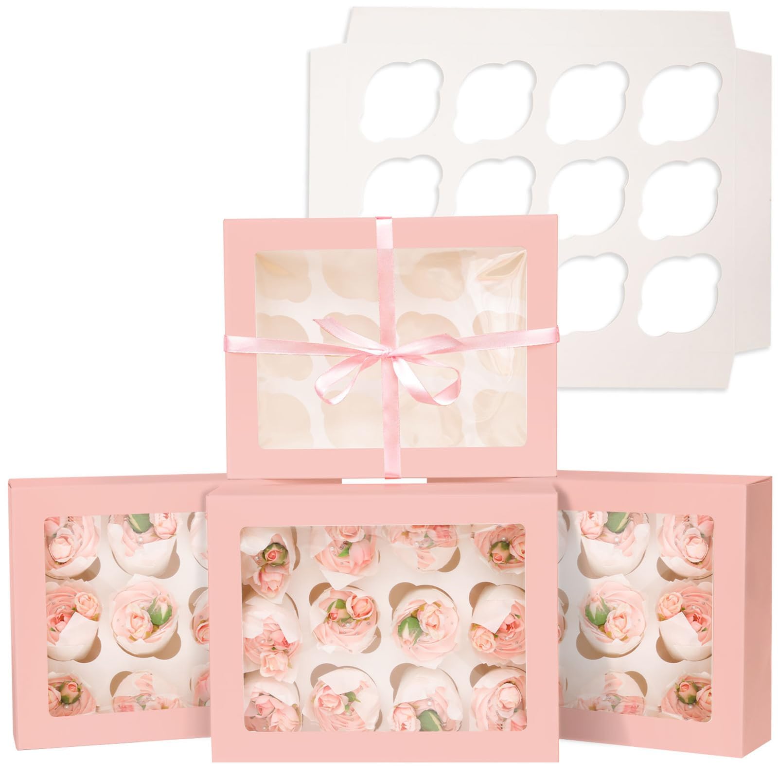 Gcardist Auto-pop Up 12 Cupcake Boxes with Window Pink 6 Packs Cupcake Box 33x25.4x9cm Bakery Boxes For Cupcakes Carrier, Cupcake Containers (13x10x3.5 inch)