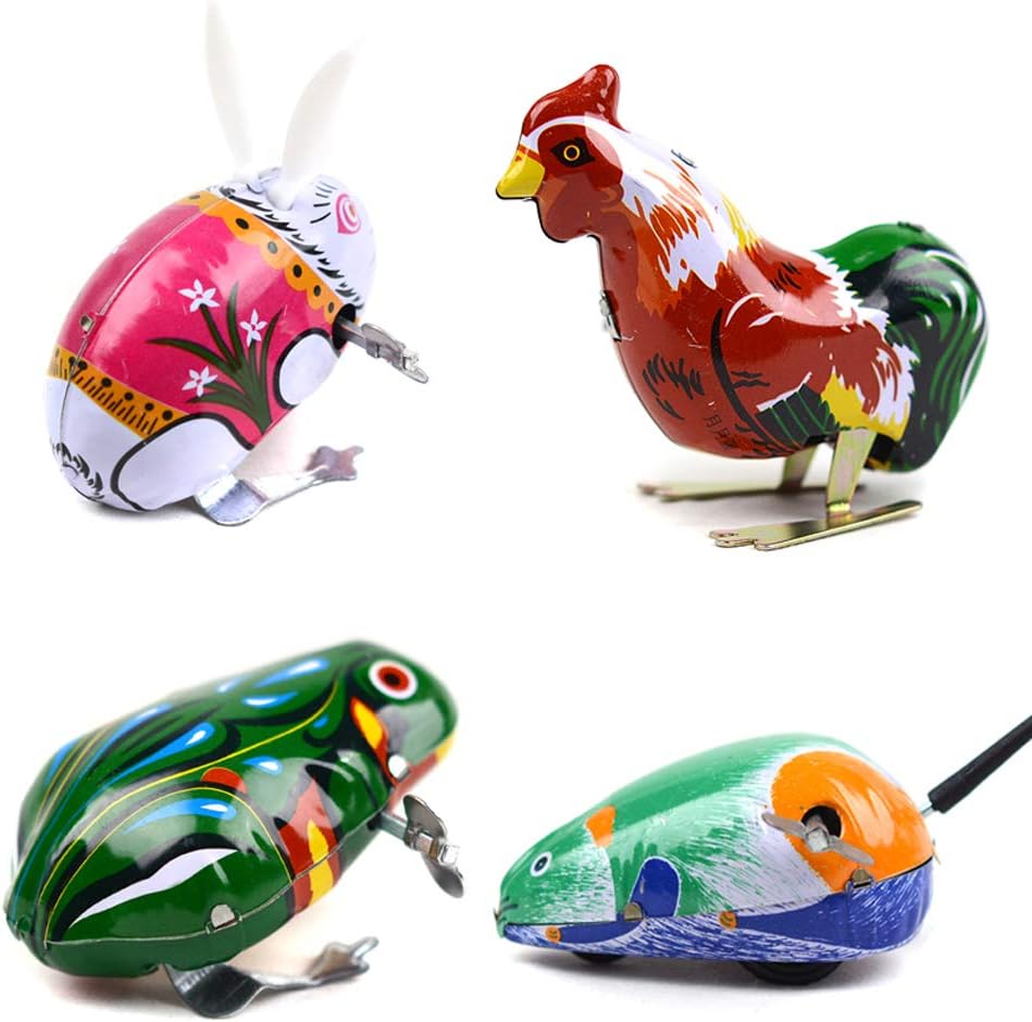 Kansoo 4 Pack Wind-Up Funny Dark & Green Clockwork Spring Wind Up Metal Jumping Frog,Rabbit, Mouse, Cock Toy Gift Kids Children