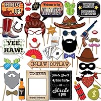 Wild West Cowboy Western Photo Booth Props Party Kit, 41 Pieces with Wooden Sticks and Strike a Pose Sign by Outside the Booth