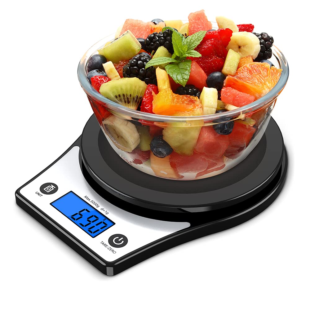 Food Scale, Digital Kitchen Scale for Cooking, Baking 1g/0.01oz Precise Graduation Multiple Units Grams and Oz, up to 5Kg/10Lb Weight with Backlit Display (Black)
