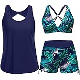 Yonique 3 Piece Tankini Swimsuits for Women Swim Tank Top Bathing Suits with Boy Shorts and Bra Athletic Swimwear