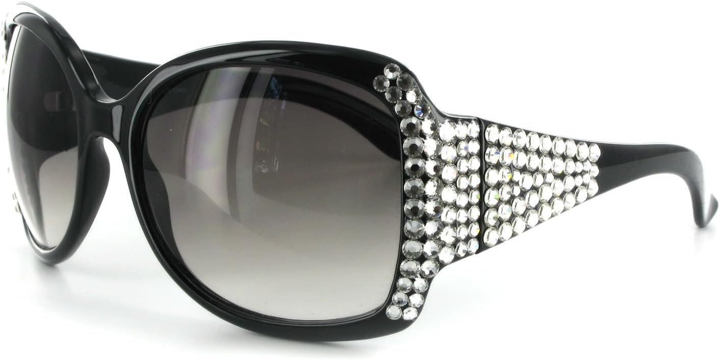 SGY030 Fashion Sunglasses from LZ New York with Hand-Inlaid, Geunine Swarovski Crystals and Large Lenses for Glamorous and Stylish Women Black w/Clear Crystals