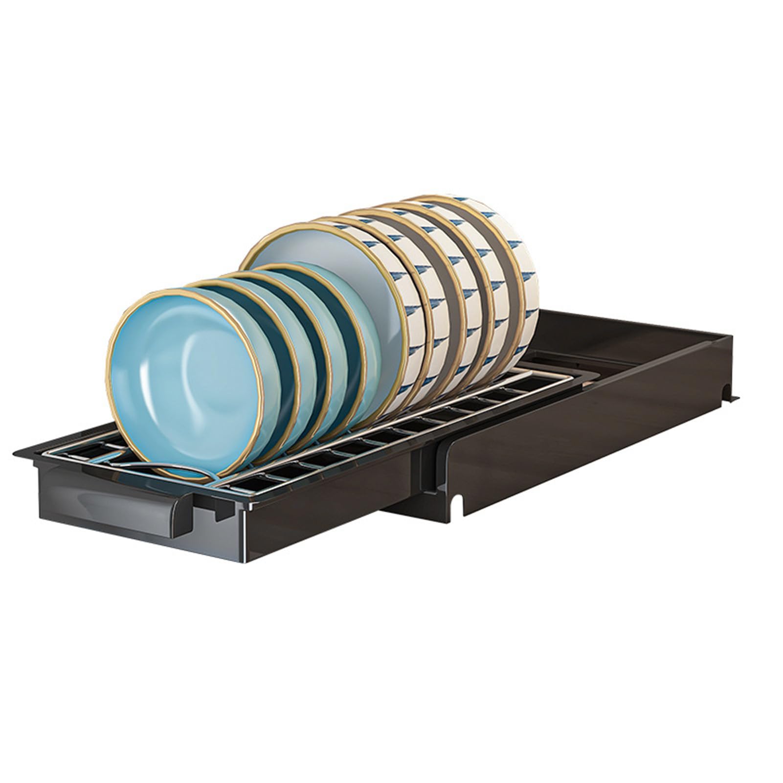 JTLB Stainless Steel Dish Rack Single Layer, Large Capacity Pull Out Design for Bowls and Cutlery, Multipurpose Kitchen Dish Rack for Cabinet (Black)
