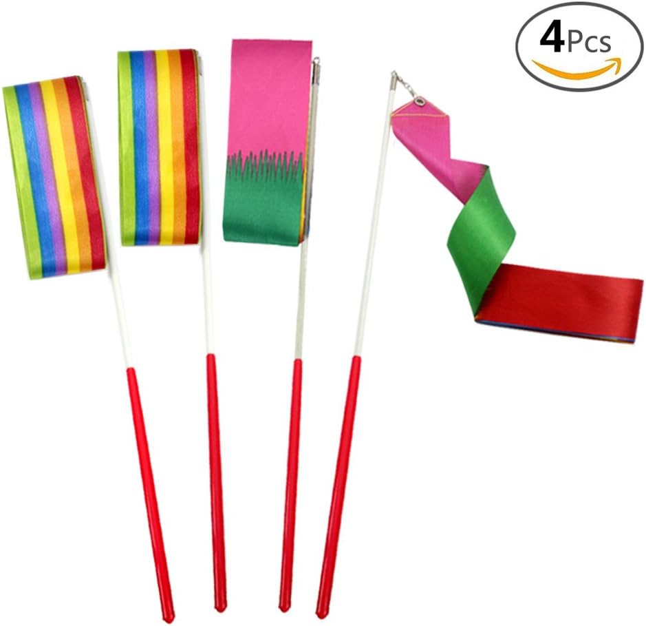 JUSLIN 4pcs 4-Meter Colorful Dance Ribbons Rhythmic Gymnastic Ribbons Streamers Dancing Streamers, Rainbow and Flame Color