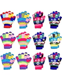12 Pairs Unisex Kids Gloves Stretch Full Finger Mittens Knitted Gloves Winter Warm Knitted Gloves for Boys and Girls Supplies, Mixed Colors
