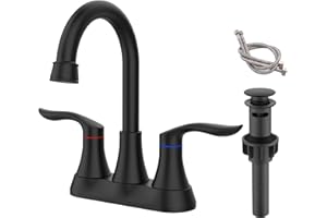 SUPWORK Bathroom Faucet Matte Black 2 Handle Bathroom Sink Faucet 360 Degree High Arc Swivel Spout Centerset 4 Inch Vanity Faucet with Drain & Hoses RV Bathroom Faucet 3 Holes Lavatory Faucet