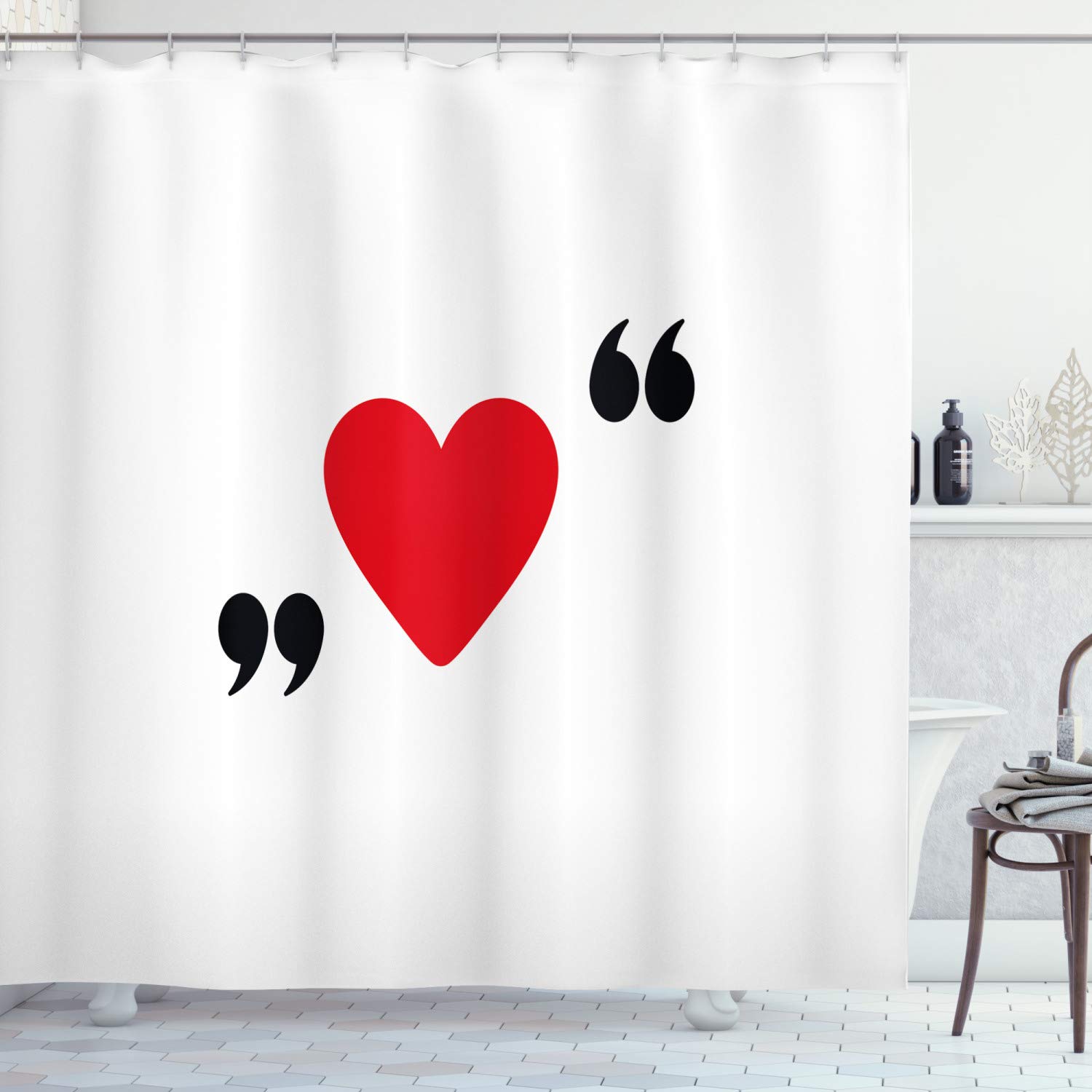 ABAKUHAUS Love Shower Curtain, Red Heart in Writing Marks Romantic Love Simple Classic Valentines, Cloth Fabric Bathroom Decor Set with Hooks, 78 Inches, Red Black White