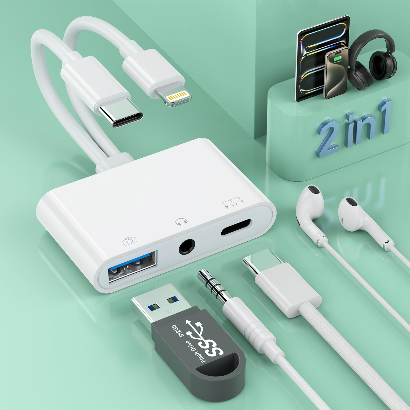 Photo 1 of 2-in-3 Lightning + USB C to 3.5mm Aux Audio Headphone Splitter Adapter Cable,USB OTG Camera Adapter+3.5mm Jack+Type-C Earphone/Charge Port,Phone Splitter for iPhone 15/14/13,Samsung,iPad,Huawei