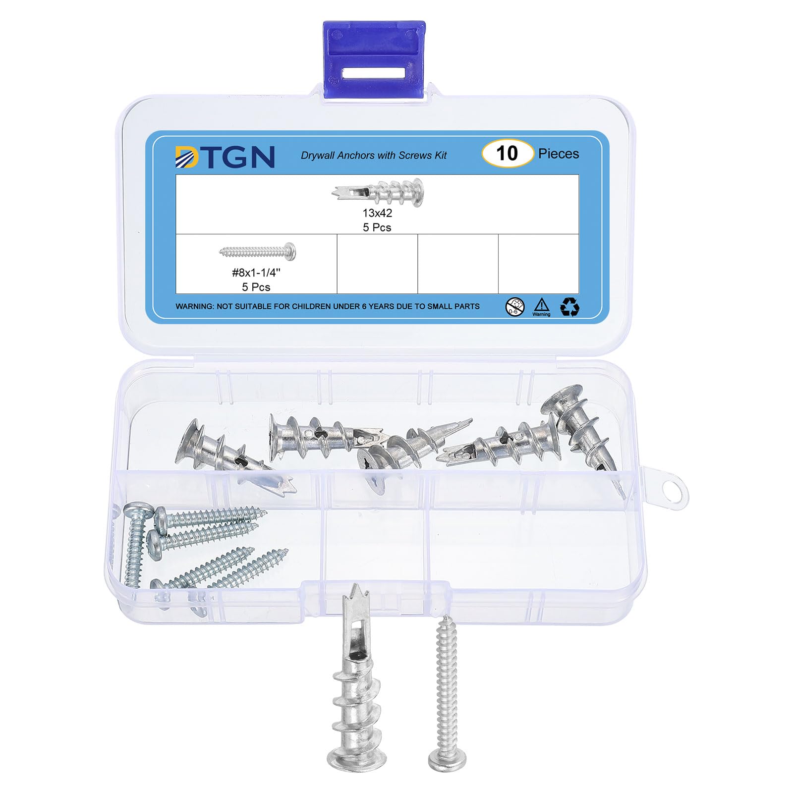 DTGN 13x42mm Self-Drilling Drywall Anchors with Screws Kit - 5 Set - Good for Concrete Tile Cement - Zinc Alloy Hollow Wall Anchors Kit with #8 Screws