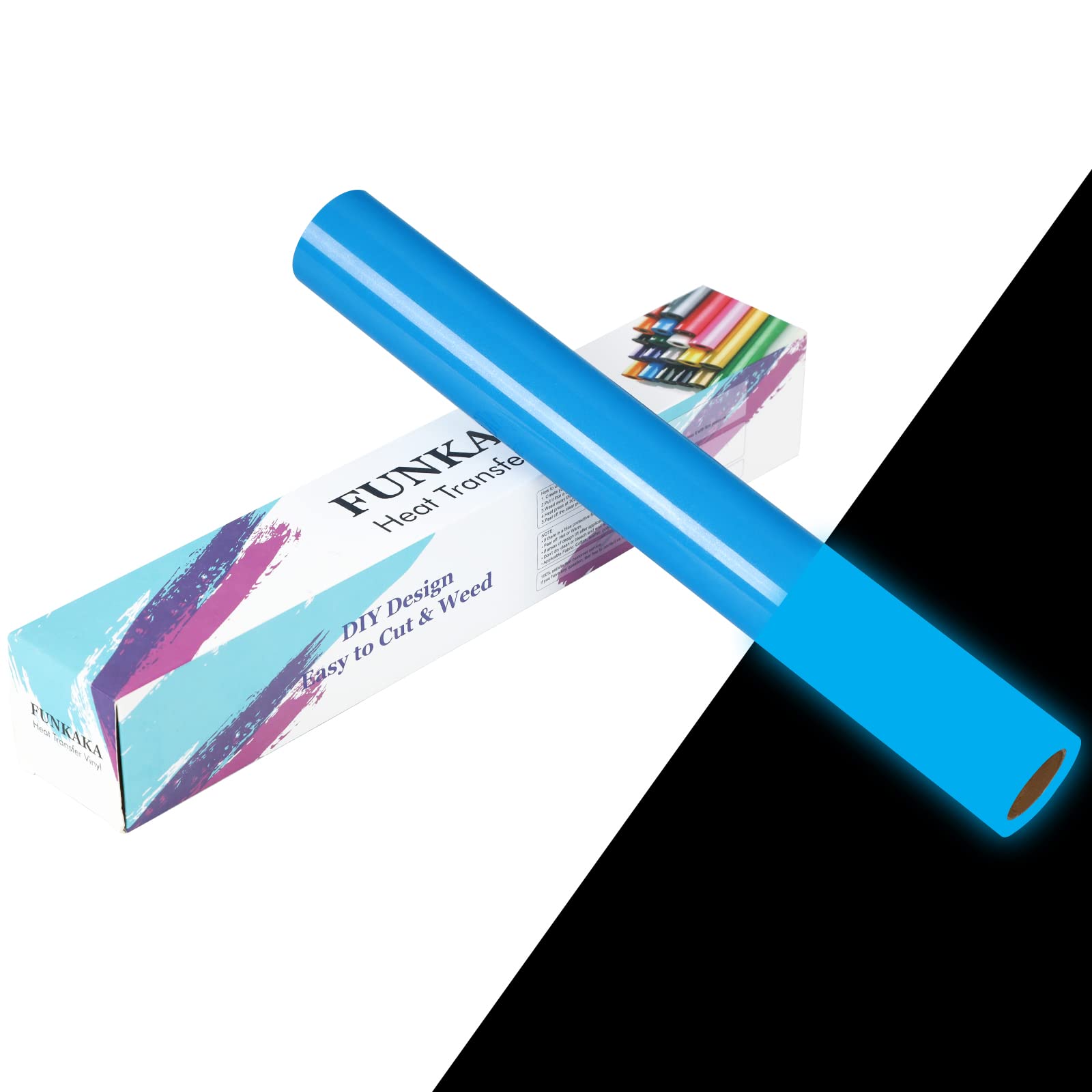 Photo 1 of FUNKAKA Glow in The Dark Heat Transfer Vinyl Roll, 12" x 10ft Luminous Sapphire Blue Iron on Vinyl for All Cutter Machine, Glow in The Dark HTV Vinyl for T-Shirts Easy to Cut & Weed for Heat Vinyl DIY
