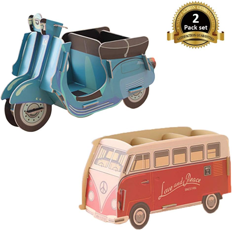 Lependor Cartoon Creativity DIY Wooden Office Desk Storage Box Holder for Pen/Pencil,Cell Phone, Business Name Cards Remote Control (Red Bus + Motor)
