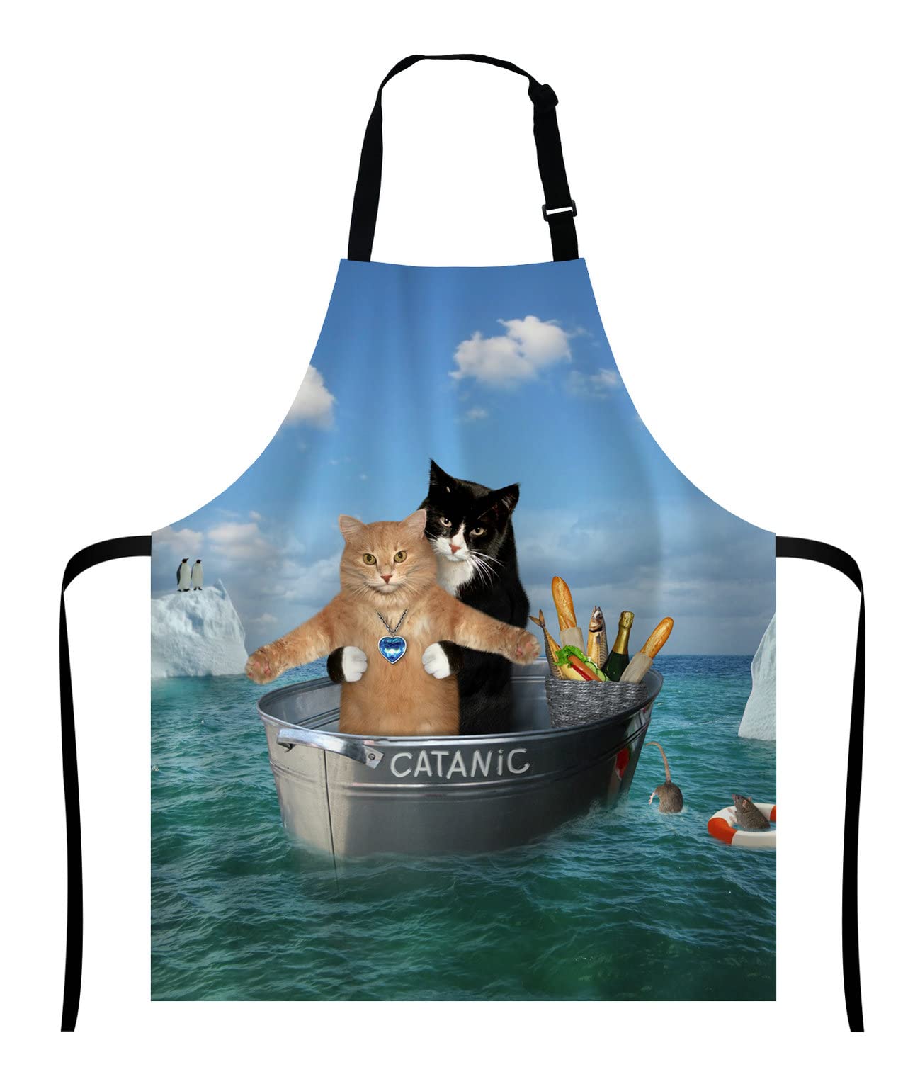 Wasach Funny Cats Apron, The two brave cats are drifting in the steel Unisex Kitchen Bib with Adjustable Neck for Cooking Gardening,Adult Size — image 1