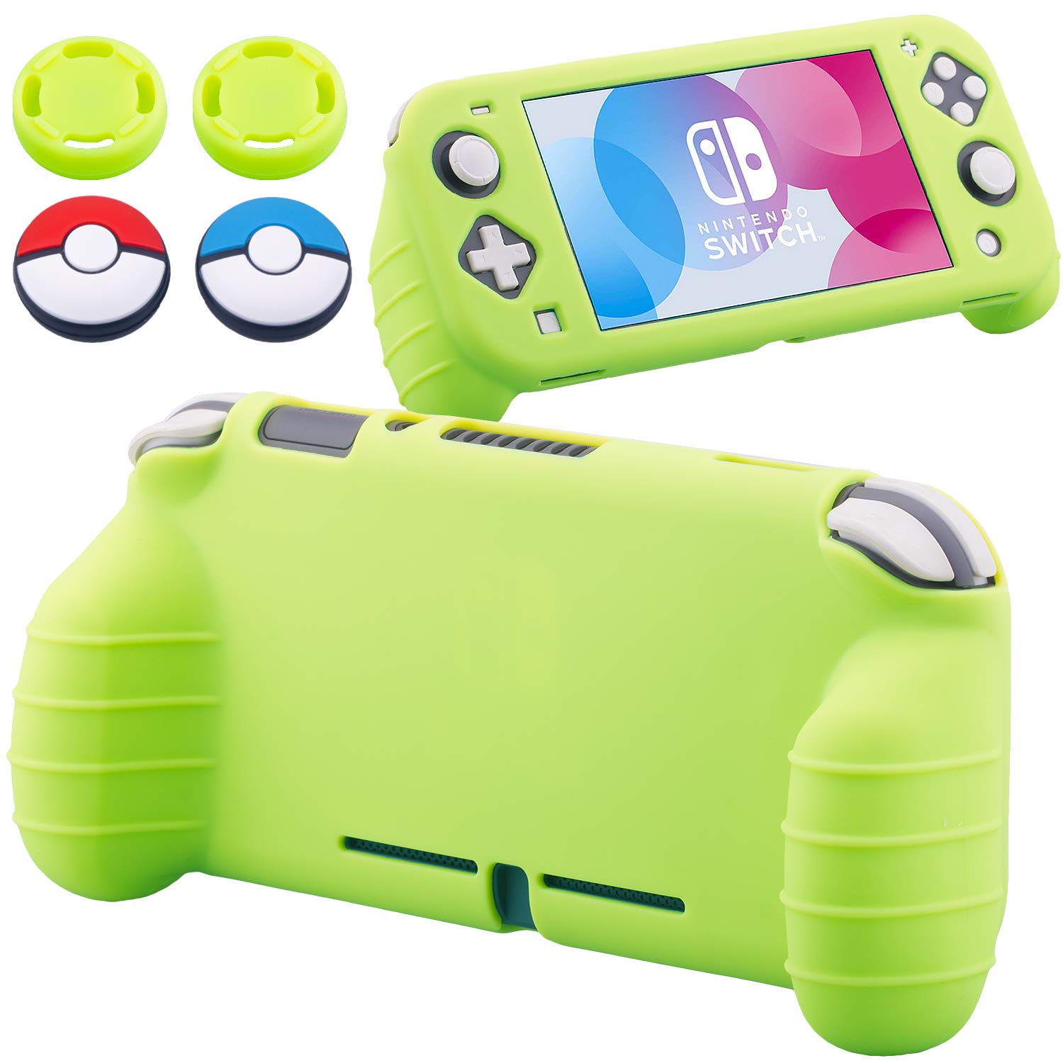 YoRHa Handle Grip Soft Silicone Rubber Protective Cover Case (Apple Green) x 1 and Thumbsticks x 4 for Nintendo Switch Lite - 9.2019 Slim Model