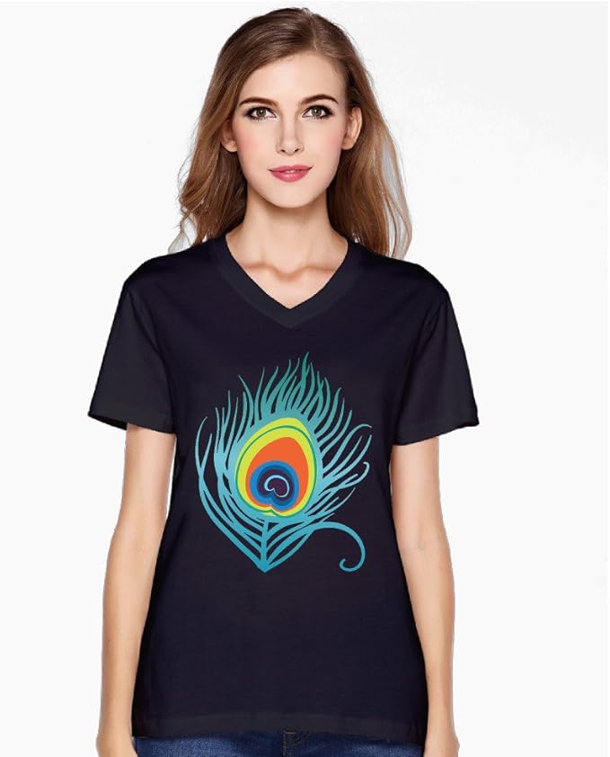 Woman's Peacock Feather VNeck Printed Vintage T Shirt